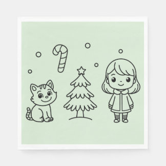 Soft Green Cute Girl and Cat Christmas Design Servet