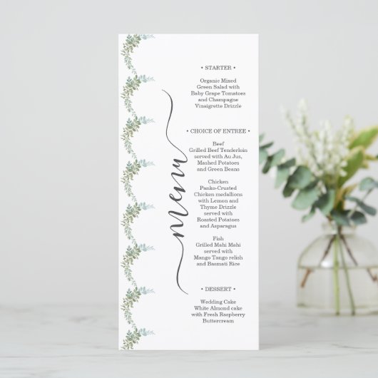 Soft Green Eucalyptus Watercolor Rustic Wedding Menu (Staand voorkant)