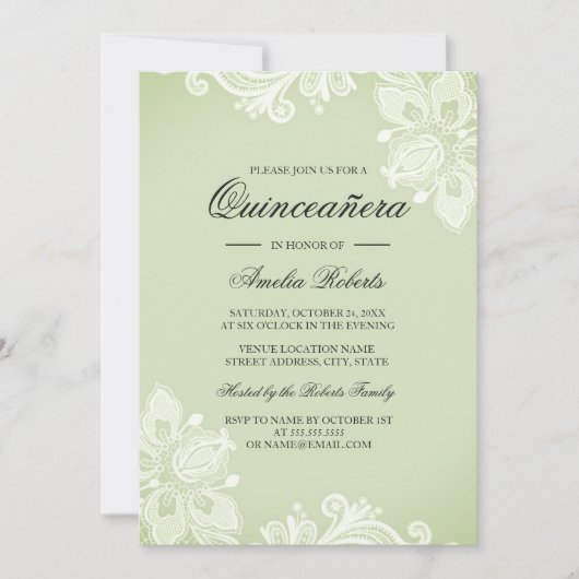 Soft Green  Lace Quinceanera Uitnodiging (Voorkant)