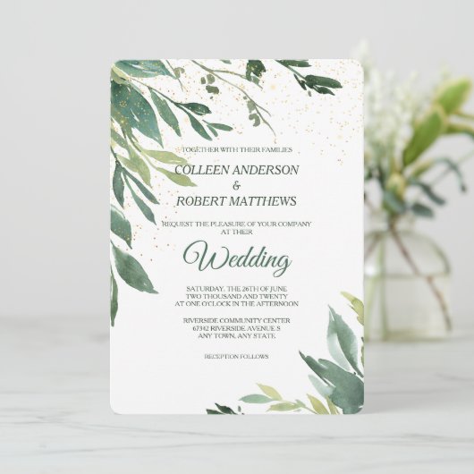 Soft Green Leaves Gold Confetti Modern Wedding Kaart (Staand voorkant)