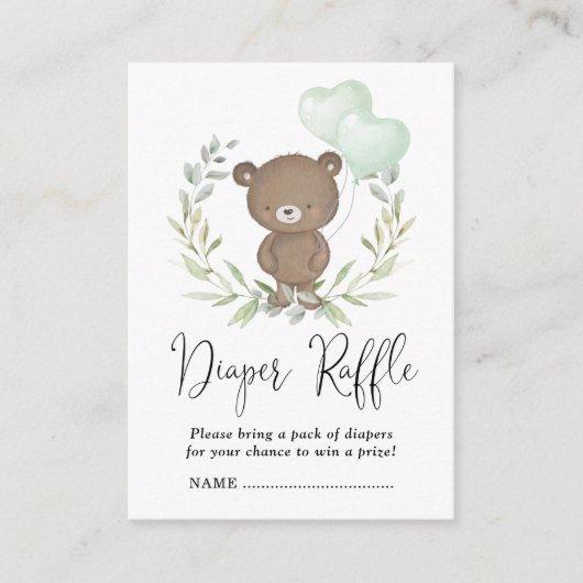 Soft Greenery Teddy Bear Baby shower Diaper Raffle Informatiekaartje (Voorkant)