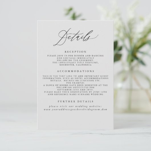 Soft Grey Bruiloft Informatie Behuizing Kaart (Staand voorkant)