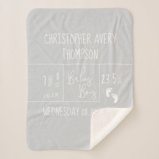 Soft Grey Moderne Typografie baby jongen geboorte  Sherpa Deken (Voorkant)