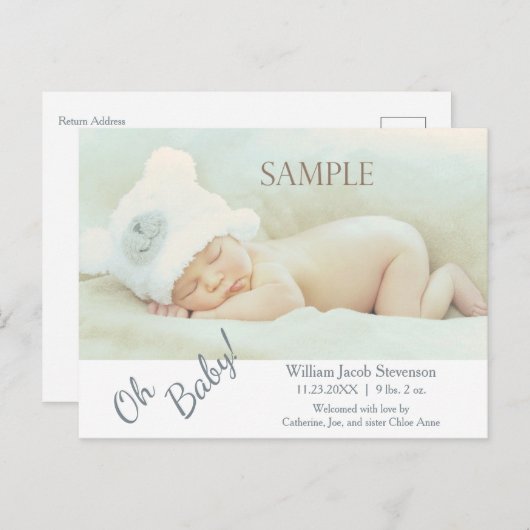 Soft Grey Oh Baby Faire-part de naissance moderne (Devant / Derrière)