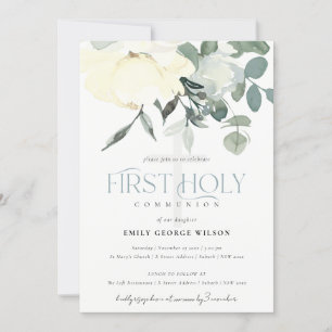 SOFT IVORY WHITE AQUA FLORAL FIRST HOLY COMMUNION KAART