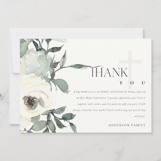 SOFT IVORY WHITE FLORA BUNCH FIRST HOLY COMMUNION BEDANKKAART (Voorkant)