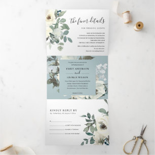 SOFT IVORY WHITE FLORAL WATERVERF BUNCH WEDING DRIELUIK UITNODIGING