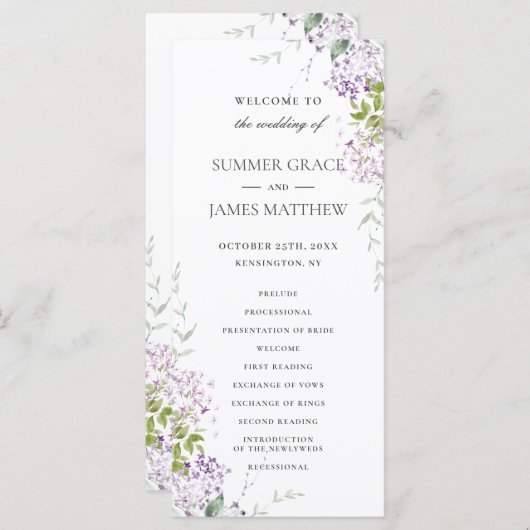 Soft Lilac Purple Floral Programme de mariage vert (Devant / Derrière)