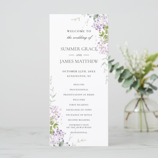 Soft Lilac Purple Floral Programme de mariage vert (Debout devant)