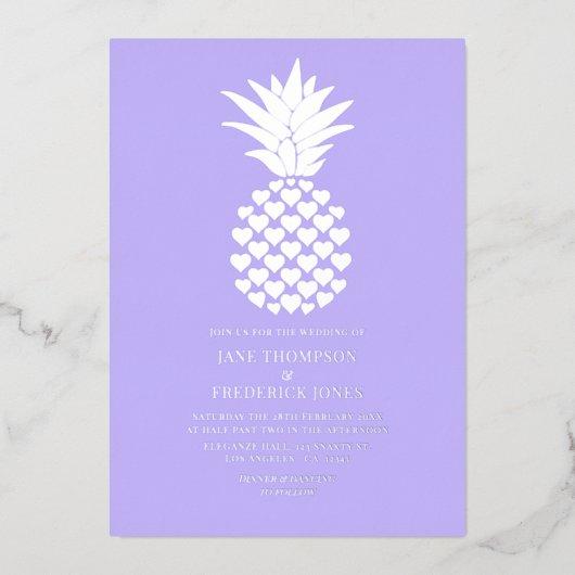 Soft Lilac & Silver Tropical Pineapple Wedding Folie Uitnodiging (Voorkant)