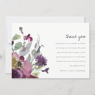 SOFT MAUT PAARSE LILA WATERVERF FLORAL WEDING BEDANKKAART