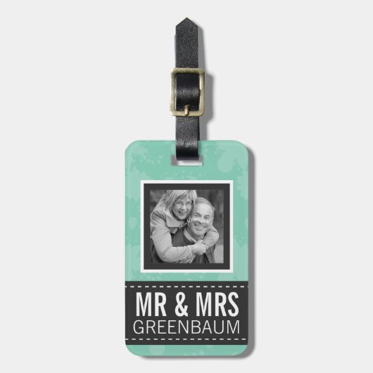 Soft Mint en Gray Mr. en Mrs. Persoonlijke foto Bagagelabel (Voorkant verticaal)