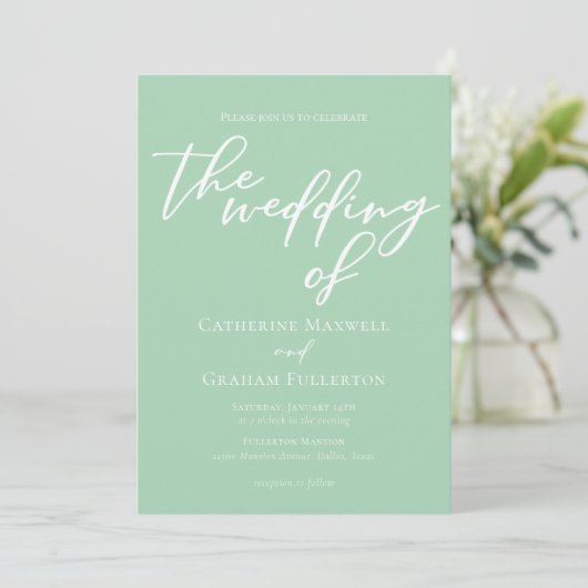 Soft Mint Green White Script Spring Wedding Kaart (Staand voorkant)
