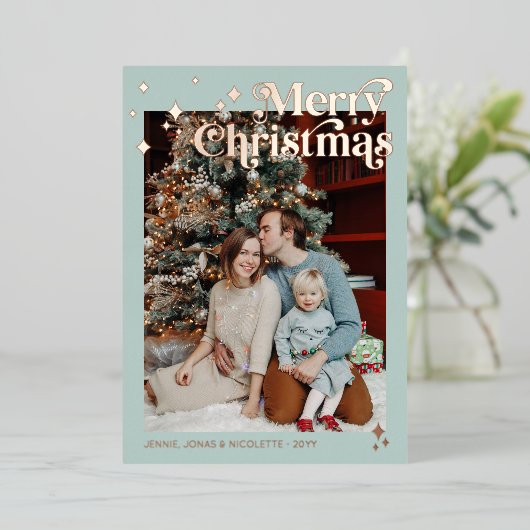 Soft Mint Retro Font Flares Photo Merry Christmas Folie Feestdagenkaart (Staand Voorkant)