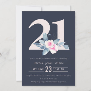 SOFT NAVY BLUSH BLUE FLORAL 21ST ELKE LEEFTIJD BIR KAART