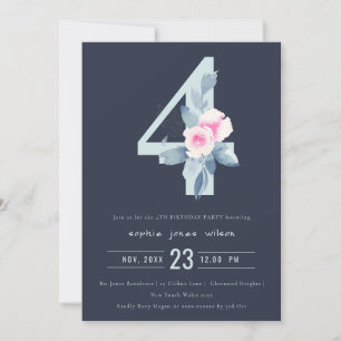 SOFT NAVY BLUSH BLUE FLORAL 4TH ELKE LEEFTIJD BIRT KAART