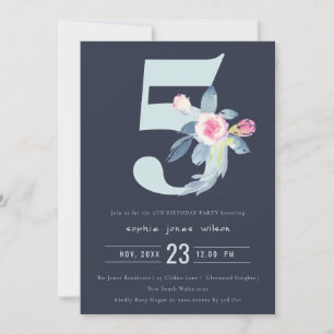 SOFT NAVY BLUSH BLUE FLORAL 5TH ELKE LEEFTIJD BIRT KAART