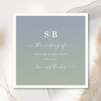 Soft Ombre Dusty Blue Leaf Green Wedding Monogram Servet