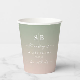 Soft Ombre Leaf Green Blush Pink Wedding Monogram Papieren Bekers