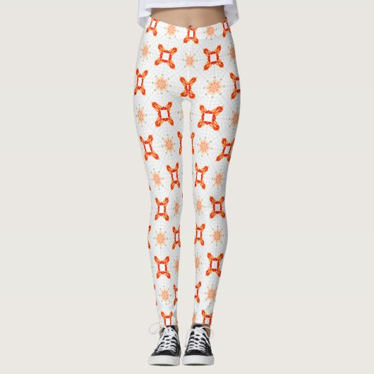 Soft Orange-Red Floral & Frame Pattern Leggings (Devant)