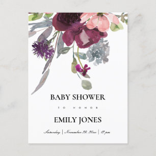 SOFT PAARSE LILA WATERVERF FLORAL BABY SHOWER UITNODIGING BRIEFKAART