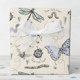 Soft Pastel Blue & Cream Boho Baby Bugs Kinder Bab Cadeaupapier