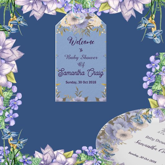Soft Pastel Blue Flowers Lila Bloemen Baby shower Cadeaulabel