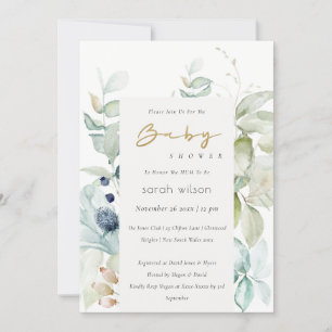 Soft Pastel Blue Green Foliage Baby shower Invite Bedankkaart