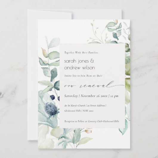 Soft Pastel Blue Green Foliage Vow Renewal Invite Bedankkaart (Voorkant)