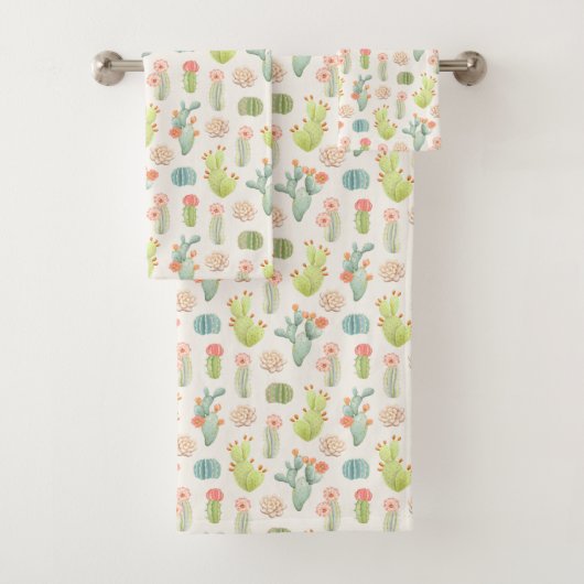 Soft Pastel Cactus & Succulent Pattern Bad Handdoek (Insitu)