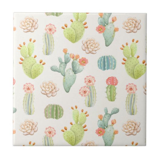 Soft Pastel Cactus & Succulent Pattern Tegeltje (Voorkant)
