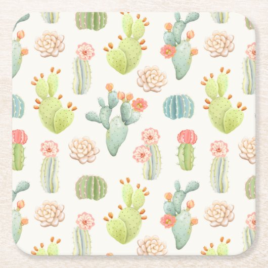 Soft Pastel Cactus & Succulent Pattern Vierkante Kartonnen Onderzetter (Voorkant)