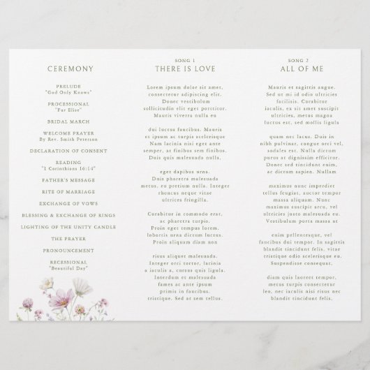 Soft Pastel Fleur sauvage Programme de mariage bot (Dos)