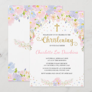 Soft Pastel Floral Girl Christening Baptism Invite Kaart