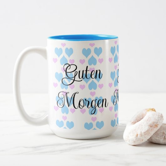 Soft Pastel Heart Pattern Guten Morgen Mok (Met donut)