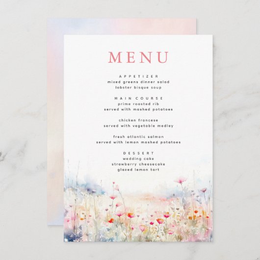 Soft Pastel Menu Mariage Fleur sauvage (Devant / Derrière)
