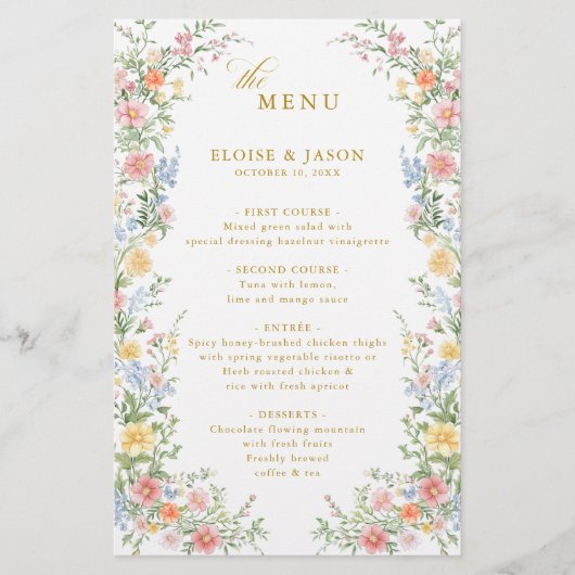 Soft Pastel Ornate Spring Garden Gold Wedding Menu (Devant)