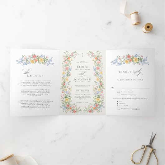 Soft Pastel Ornate Spring Garden Wedding invite Drieluik Programma (Binnen)