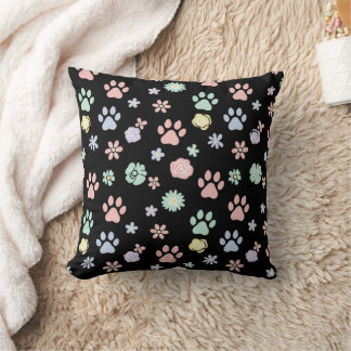 Soft Pastel Paw Prints and Flowers Pattern  Kussen