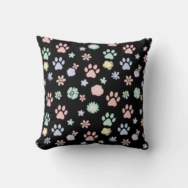 Soft Pastel Paw Prints and Flowers Pattern  Kussen (Voorkant)