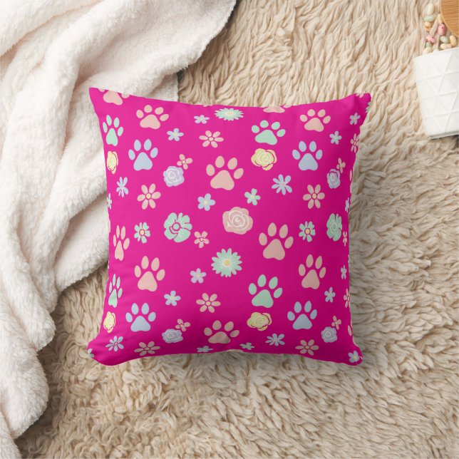 Soft Pastel Paw Prints and Flowers Pattern  Kussen (Deken)