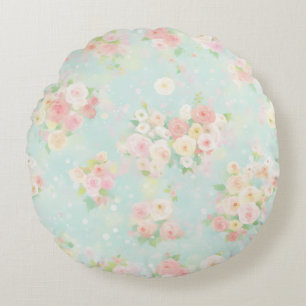 Soft Pastel Roos Pattern op Aqua achtergrond Rond Kussen