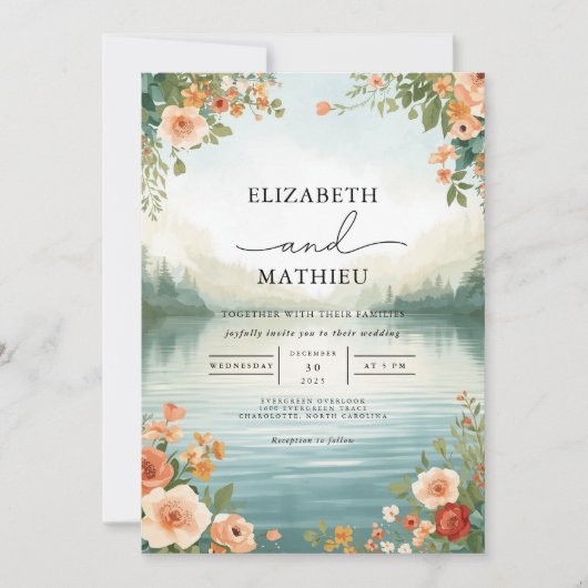 Soft Peach Floral Lakeside Wedding Kaart (Voorkant)