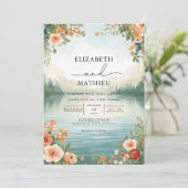 Soft Peach Floral Lakeside Wedding Kaart (Staand voorkant)