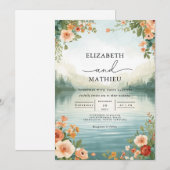 Soft Peach Floral Lakeside Wedding Kaart (Voorkant / Achterkant)