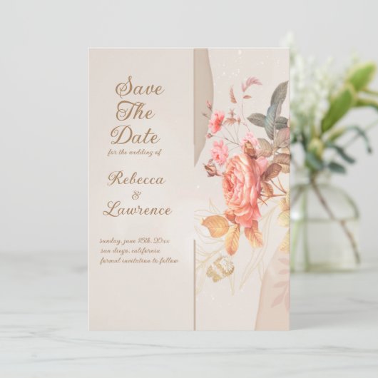 Soft Peach Flowers Elegant Wedding Invitation Kaart (Staand voorkant)