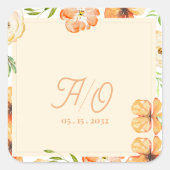 Soft Peach Garden Floral Monogram Wedding Vierkante Sticker (Voorkant)