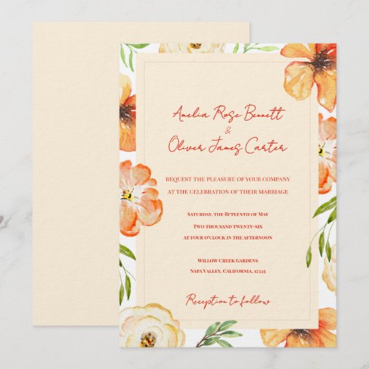 Soft Peach Garden Meadow Floral Wedding Invitation (Devant / Derrière)