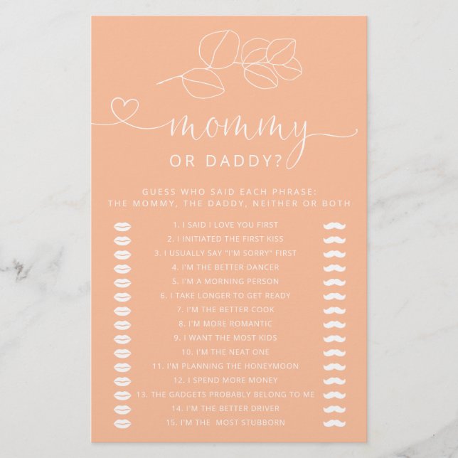 Soft Peach Modern Baby shower Mama of Pappa Game (Voorkant)