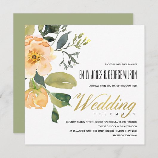 SOFT PEACH PEONY FLORAL BUNCH WATERVERF WEDING KAART (Voorkant / Achterkant)